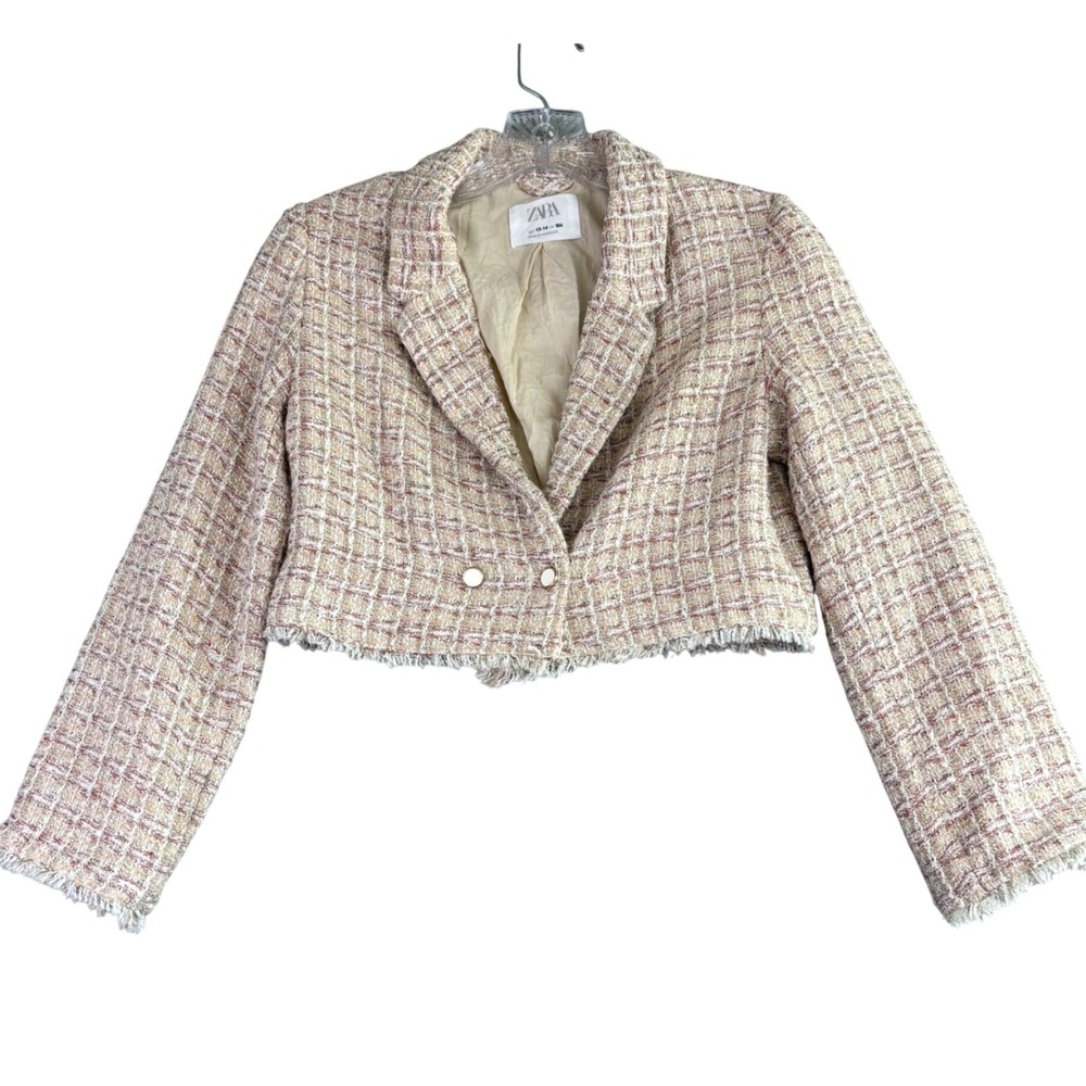 Zara  13 14 Tweed Cropped Blazer Jacket Cream Pink‎ Fringe Sparkle Trim Preppy